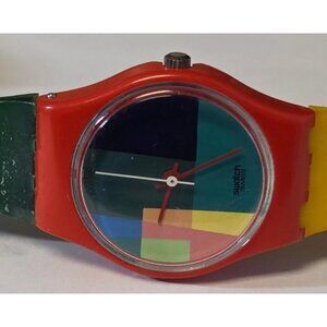 Vintage Swatch Swiss Quartz Watch Red Multicolor Dial Green Yellow Strap C10-m